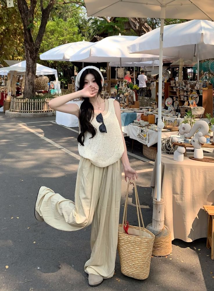 Wide Tank Plain Sleeveless / Leg Pants Scoop Waist Top High Knit Neck