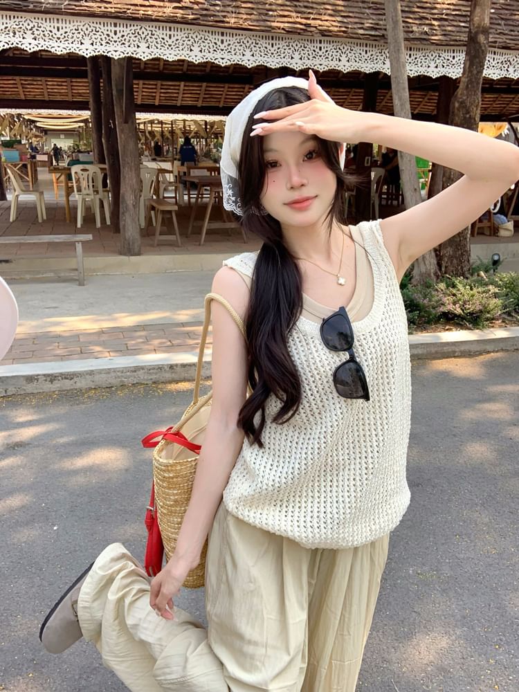 Wide Tank Plain Sleeveless / Leg Pants Scoop Waist Top High Knit Neck