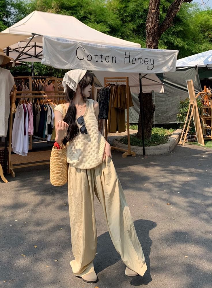 Wide Tank Plain Sleeveless / Leg Pants Scoop Waist Top High Knit Neck