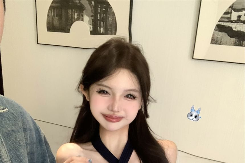 Knit Neck Top Crop Ribbed Halter Plain Camisole