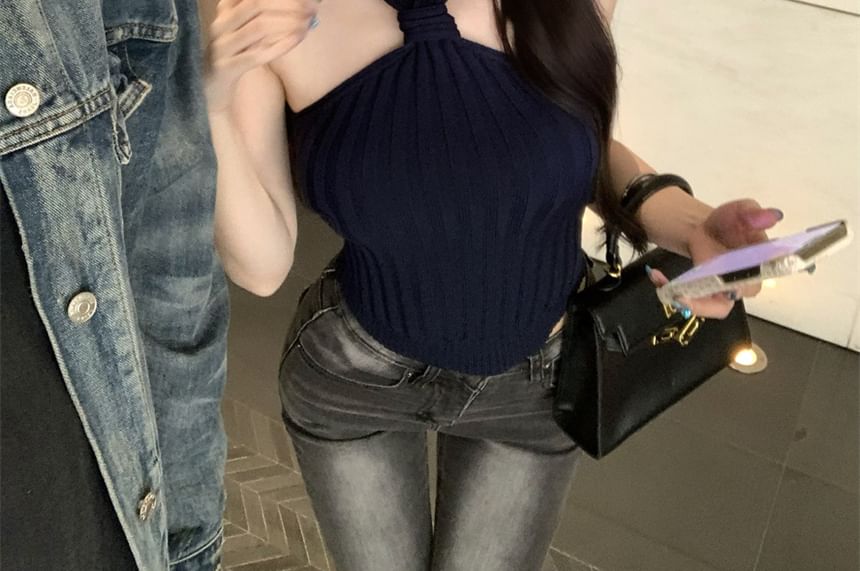 Knit Neck Top Crop Ribbed Halter Plain Camisole