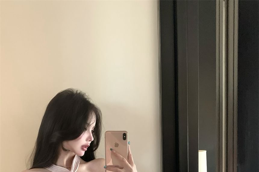 Knit Neck Top Crop Ribbed Halter Plain Camisole