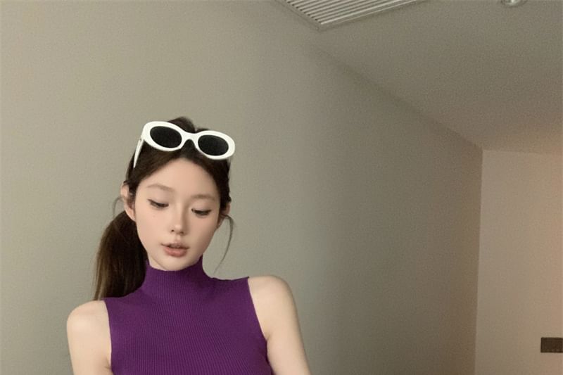 Crop Knit Neck Mock Plain Top Ribbed Sleeveless