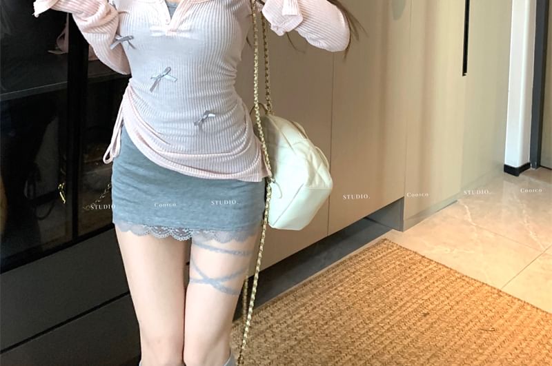 Trim Bodycon Spaghetti Dress Strap Lace Mini Top Neck / Long-Sleeve Knit Plain Bow Scoop