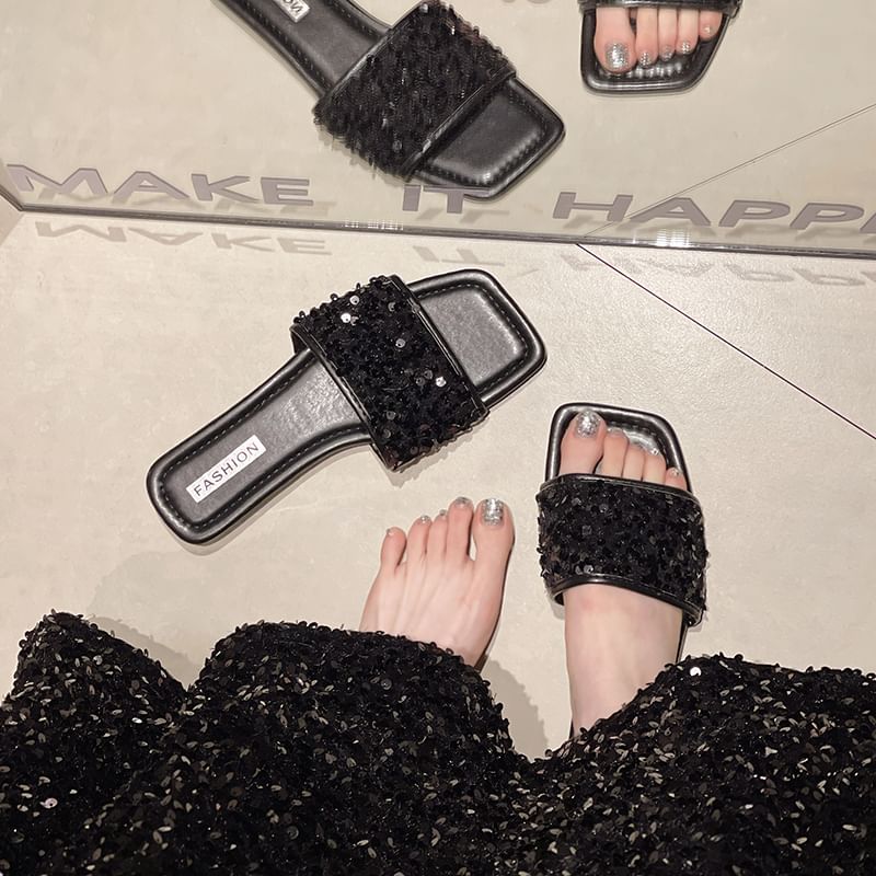 Sequined Flat Slide Sandals