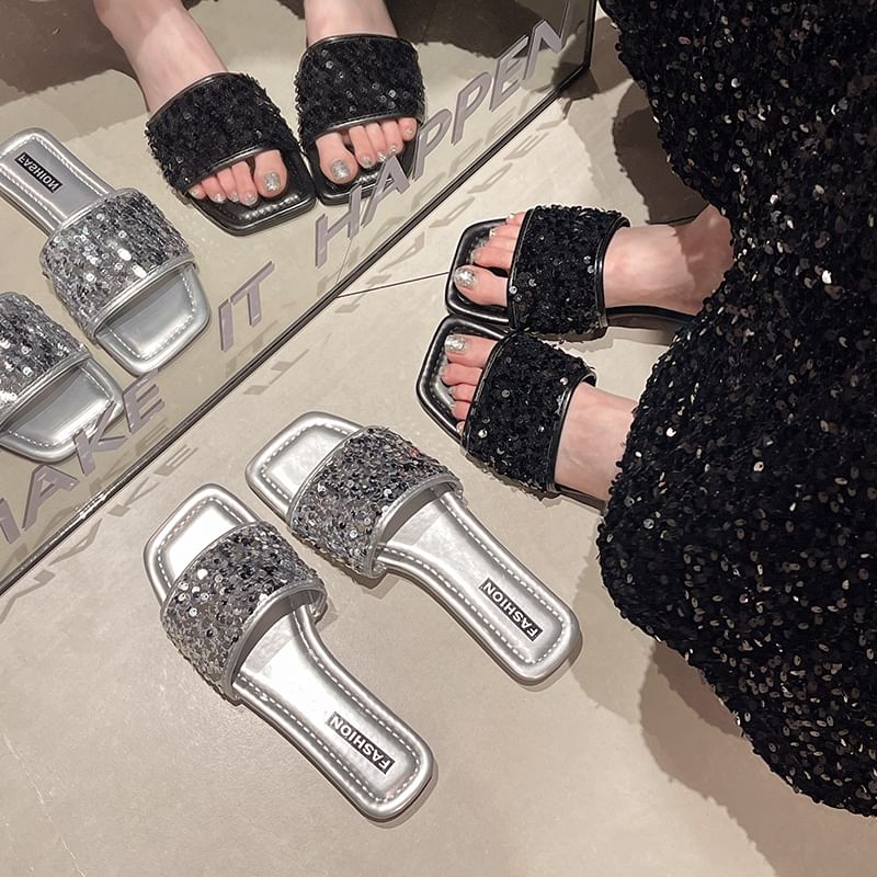 Sequined Flat Slide Sandals