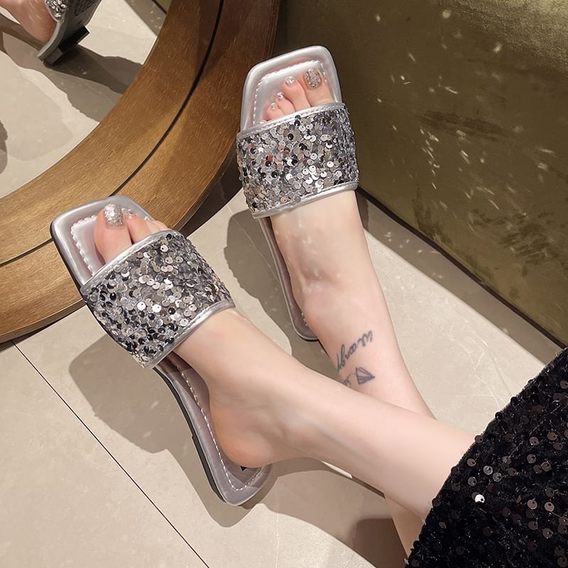 Sequined Flat Slide Sandals