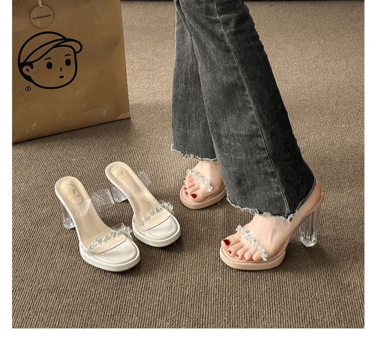 Rhinestone Transparent High Heel Slide Sandals