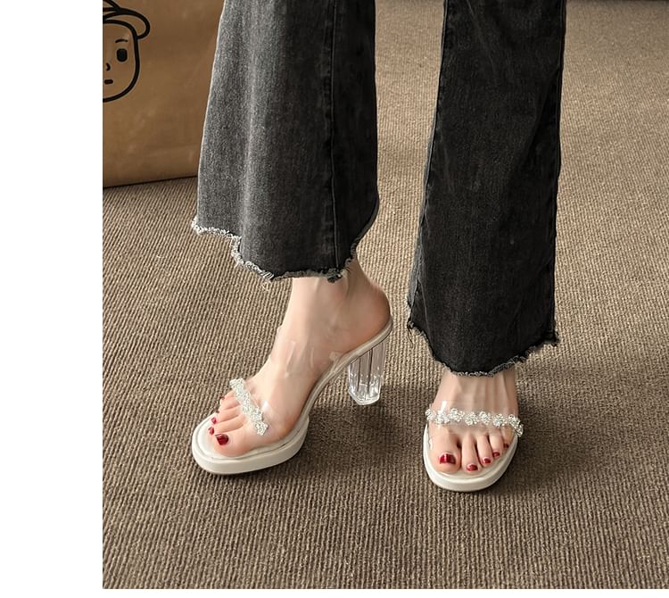 Rhinestone Transparent High Heel Slide Sandals