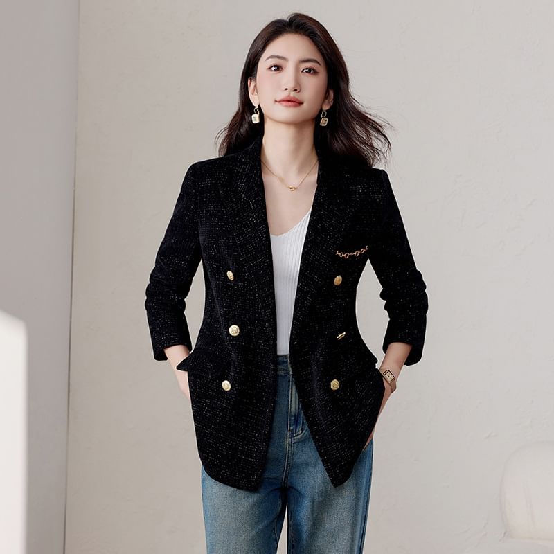 3/4 Sleeve Lapel Tweed Double-Breasted Blazer