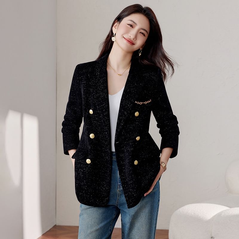 3/4 Sleeve Lapel Tweed Double-Breasted Blazer