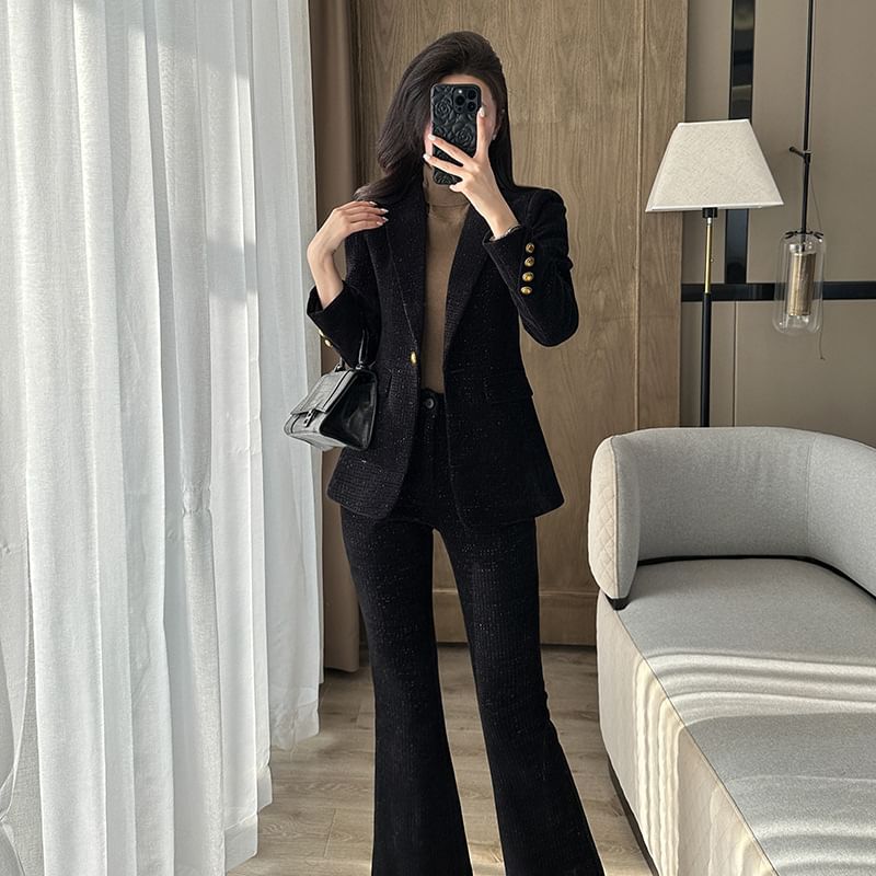 Lapel Collar Tweed Single Button Blazer / Mid Rise Plain Dress Pants / Set