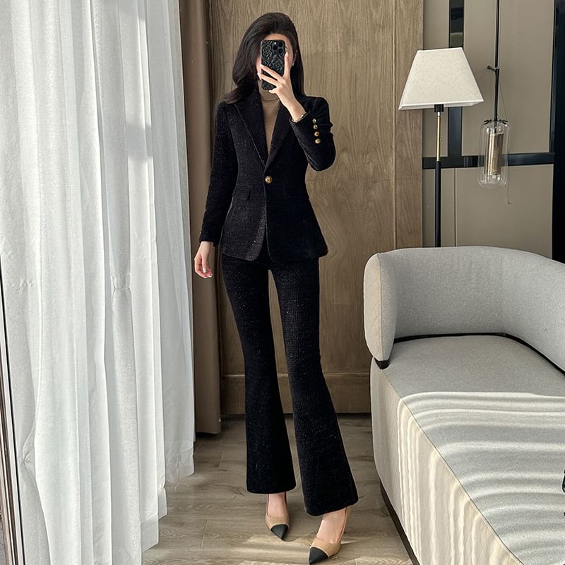 Lapel Collar Tweed Single Button Blazer / Mid Rise Plain Dress Pants / Set
