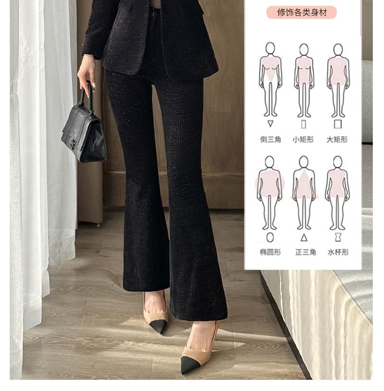 Lapel Collar Tweed Single Button Blazer / Mid Rise Plain Dress Pants / Set