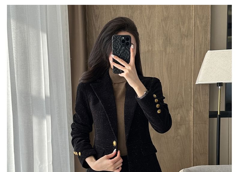 Lapel Collar Tweed Single Button Blazer / Mid Rise Plain Dress Pants / Set