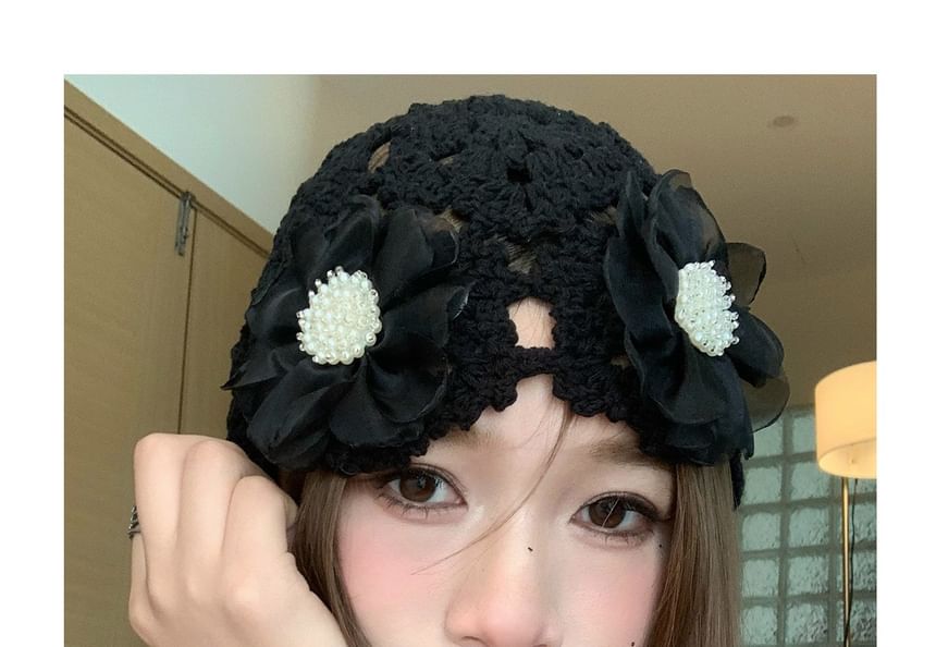 Knit Floral Bonnet Hat