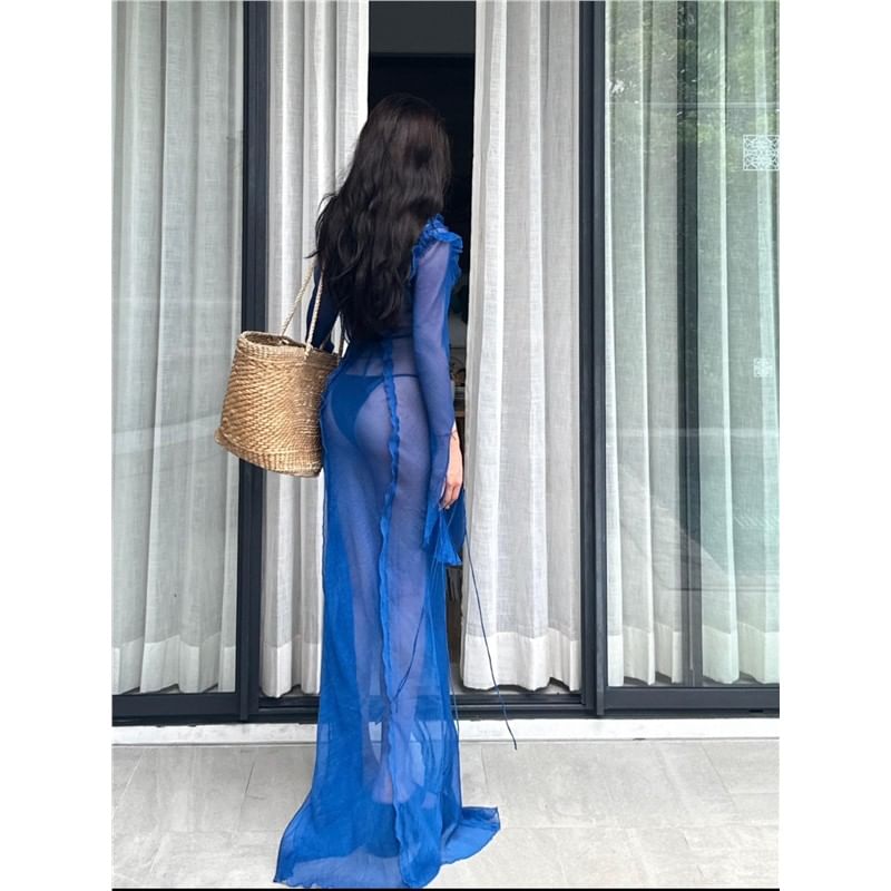 Long Sleeve V-Neck Ruffle Side Slit Sheer Maxi Sundress