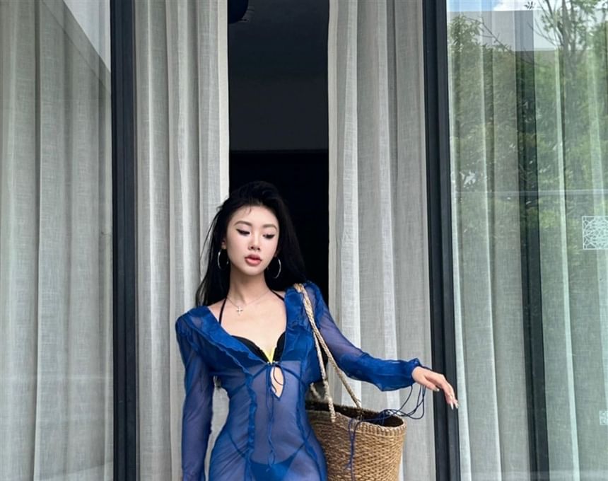 Long Sleeve V-Neck Ruffle Side Slit Sheer Maxi Sundress