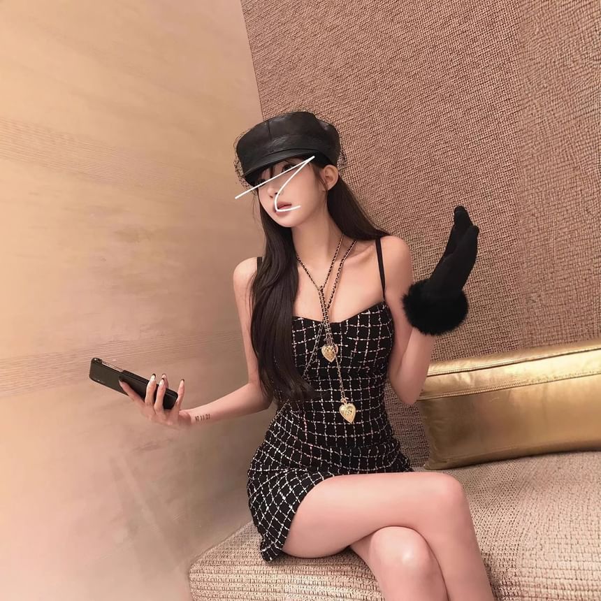 Tweed Plaid Sweetheart Neck Mini A-Line Dress with Spaghetti Straps