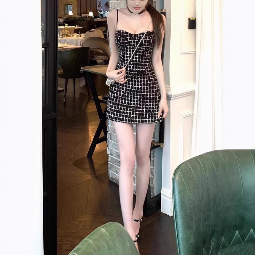 Tweed Plaid Sweetheart Neck Mini A-Line Dress with Spaghetti Straps