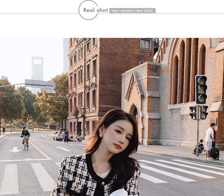 Round Neck Houndstooth Tweed Button Jacket