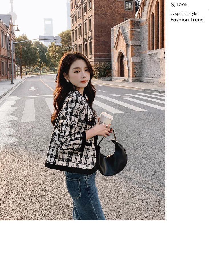 Round Neck Houndstooth Tweed Button Jacket
