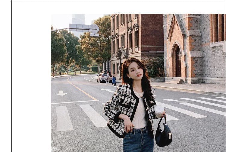 Round Neck Houndstooth Tweed Button Jacket