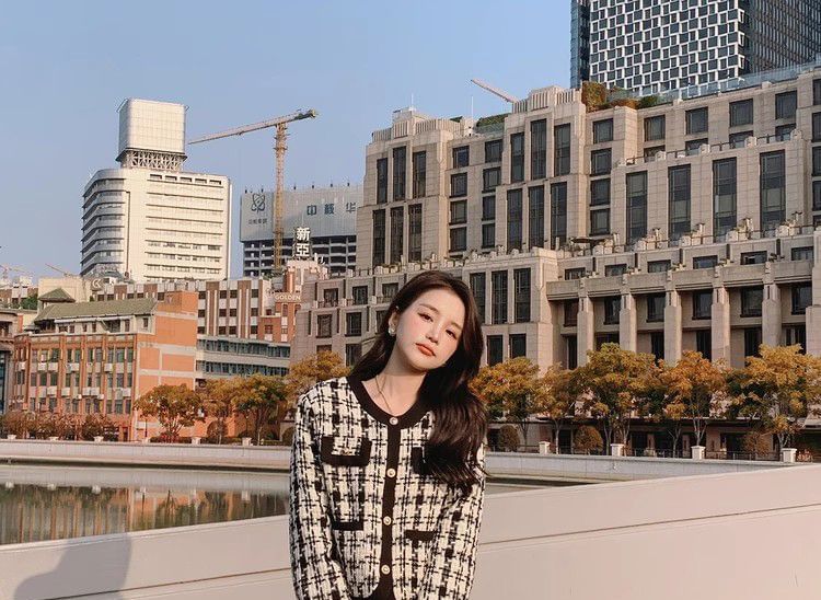 Round Neck Houndstooth Tweed Button Jacket