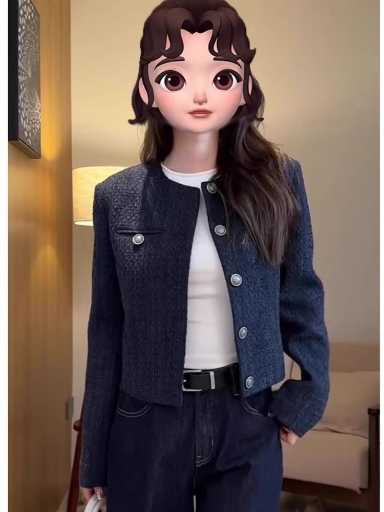 Round Neck Plain Tweed Single Breasted Cropped Jacket