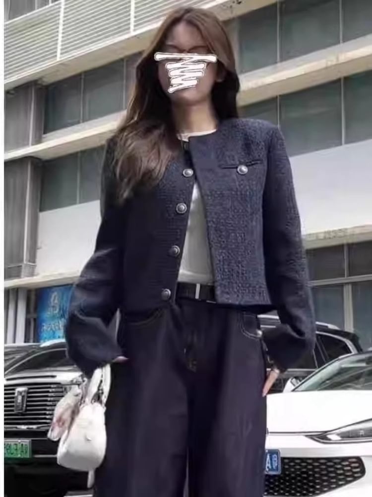 Round Neck Plain Tweed Single Breasted Cropped Jacket