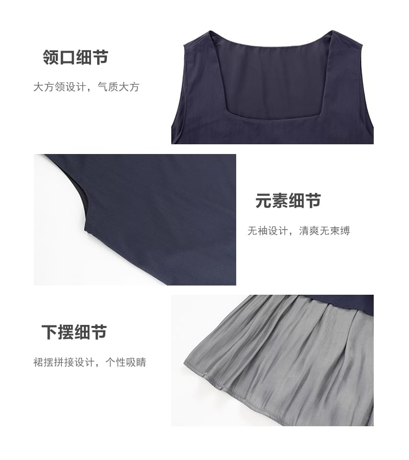 Sleeveless Square Neck Asymmetrical Plain Maxi A-Line Dress