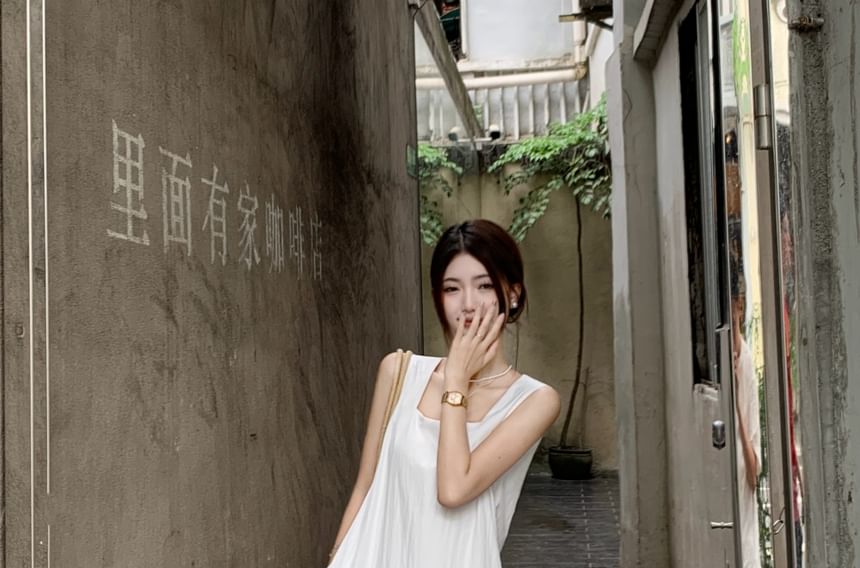 Sleeveless Square Neck Asymmetrical Plain Maxi A-Line Dress
