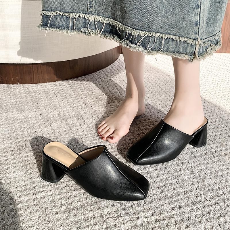 Square Toe Chunky Heel Plain Mules