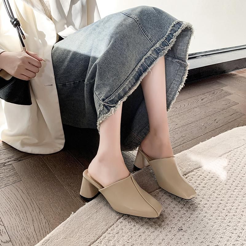 Square Toe Chunky Heel Plain Mules