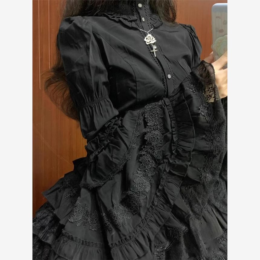 Bell Sleeve Ruffle Trim Lace Panel Blouse