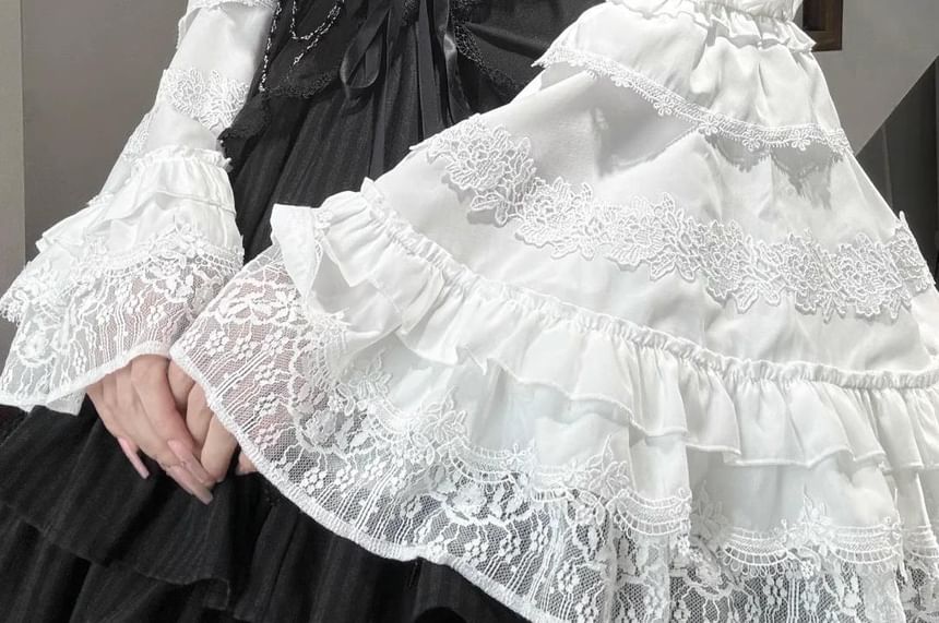 Bell Sleeve Ruffle Trim Lace Panel Blouse
