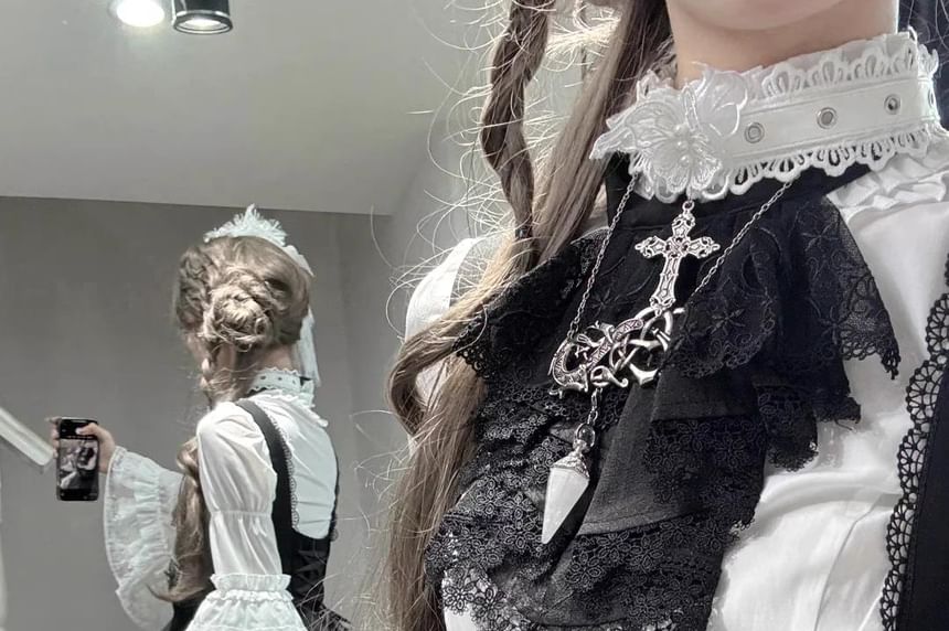 Bell Sleeve Ruffle Trim Lace Panel Blouse