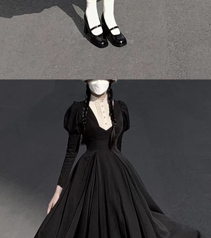 Long Sleeve Band Collar Two Tone Midi A-Line Dress Set
