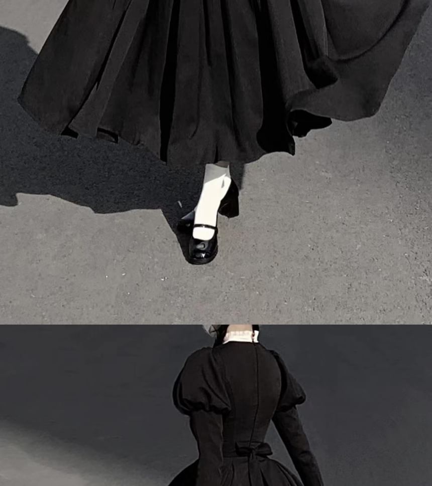 Long Sleeve Band Collar Two Tone Midi A-Line Dress Set