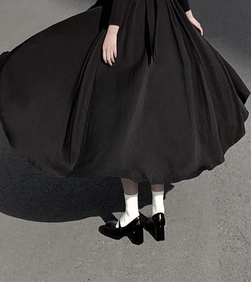 Long Sleeve Band Collar Two Tone Midi A-Line Dress Set