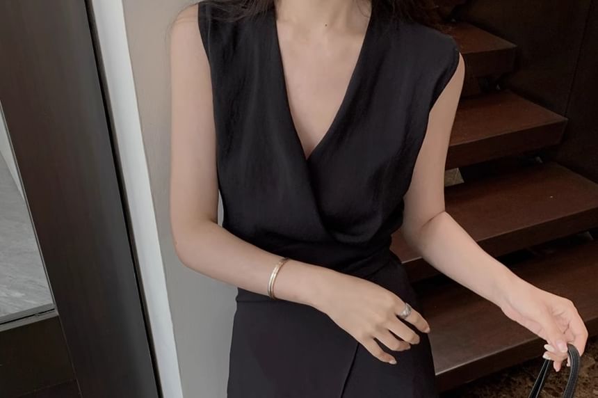 Set: + Skirt Top Plain A-Line V-Neck Waist Tank Elastic Maxi Asymmetrical