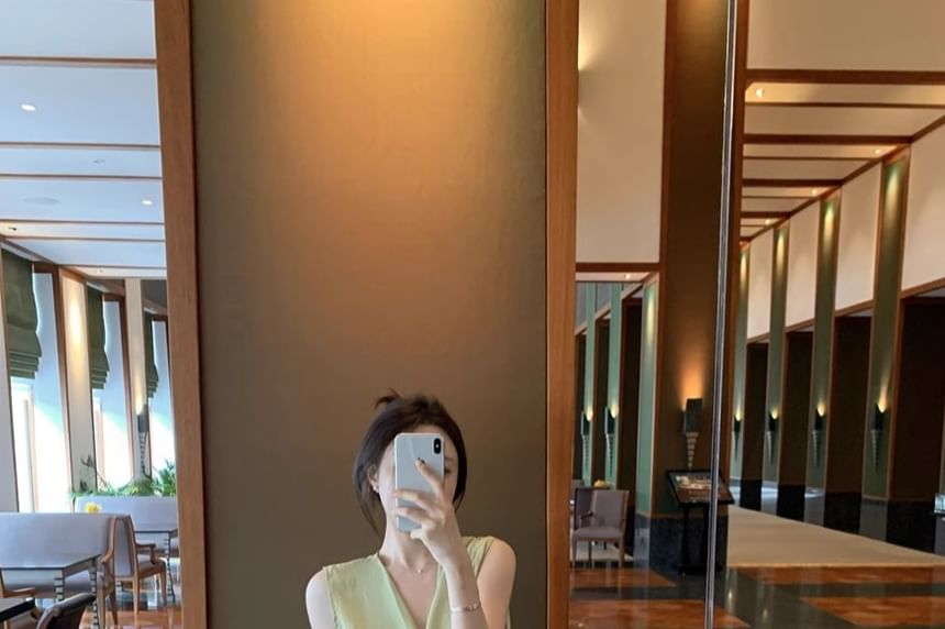 Set: + Skirt Top Plain A-Line V-Neck Waist Tank Elastic Maxi Asymmetrical