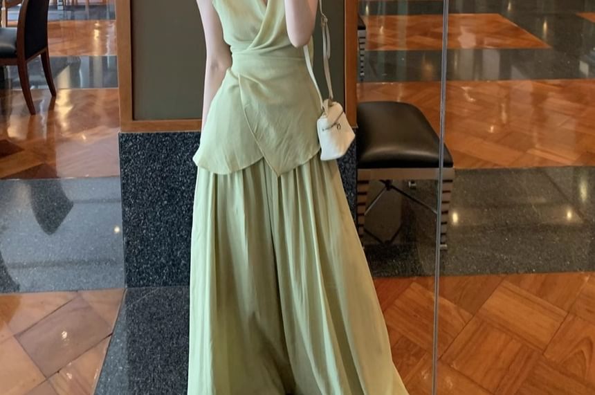 Set: + Skirt Top Plain A-Line V-Neck Waist Tank Elastic Maxi Asymmetrical