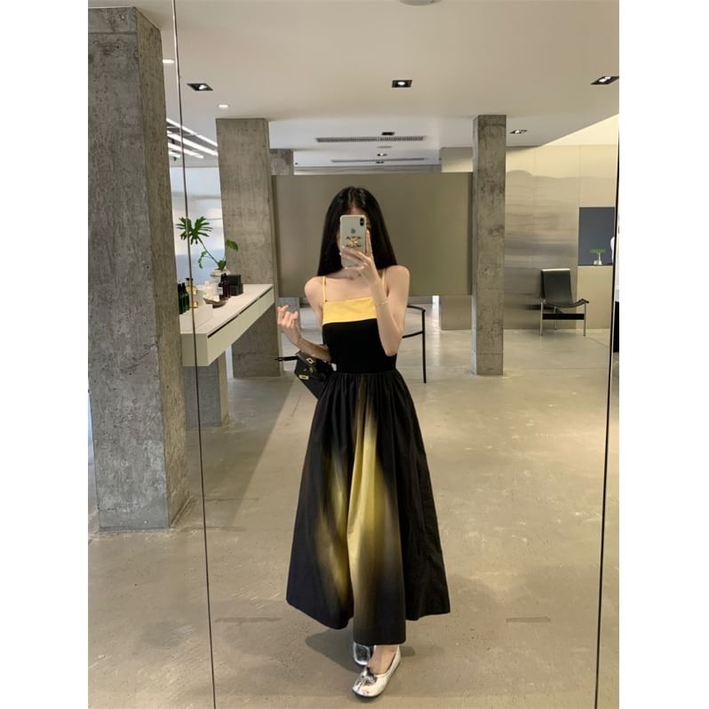 Gradient Midi A-Line Dress with Spaghetti Straps