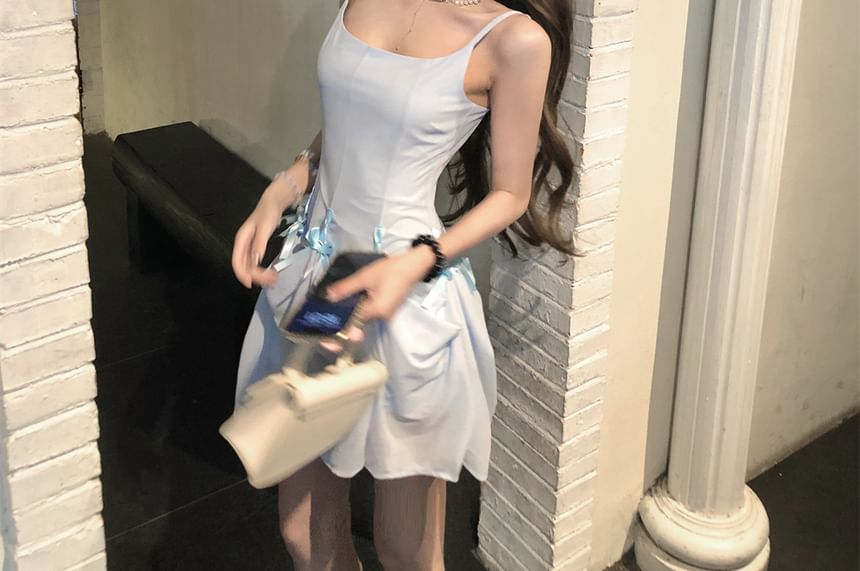 Ruffle Bowknot Mini A-Line Dress with Scoop Neck and Spaghetti Straps