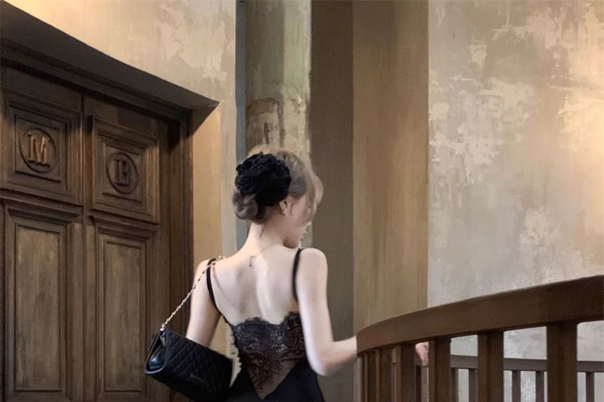 Backless Lace Panel Maxi Sheath Dress with Spaghetti Straps