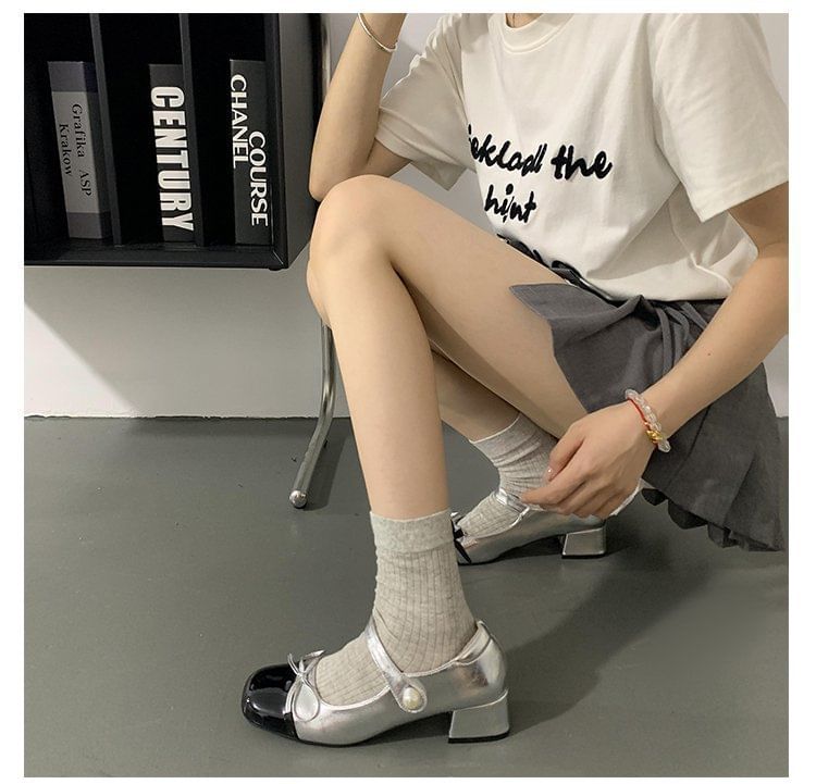 Mary Jane Tone Two Ribbon Block Heel Pumps