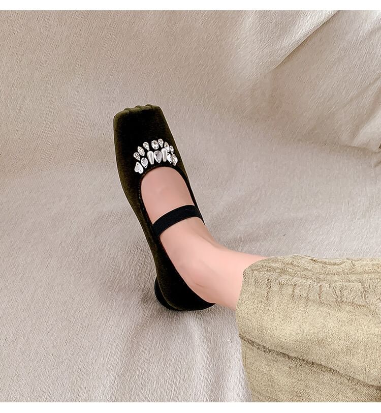 Square Heel Rhinestone Toe Pumps Velvet Low