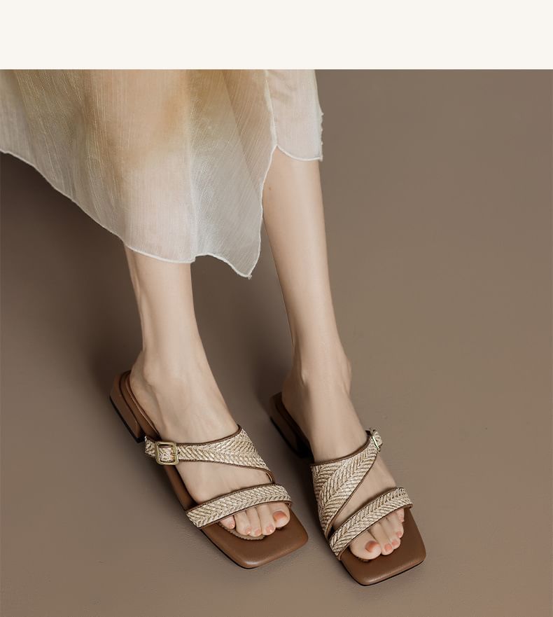 Low Heel Square Toe Woven Strap Sandals