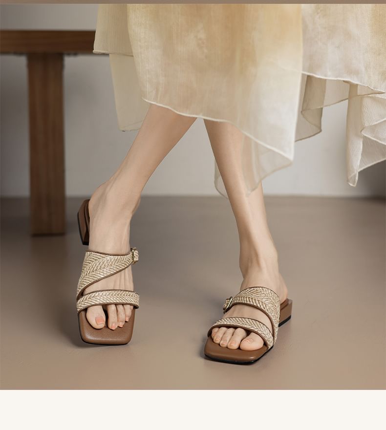 Low Heel Square Toe Woven Strap Sandals